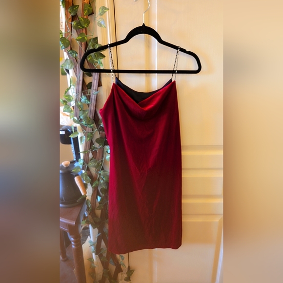 Vintage Red Velvet Cocktail Dress - Cowl Neck Line & Rhinestone Straps - Picture 3 of 4
